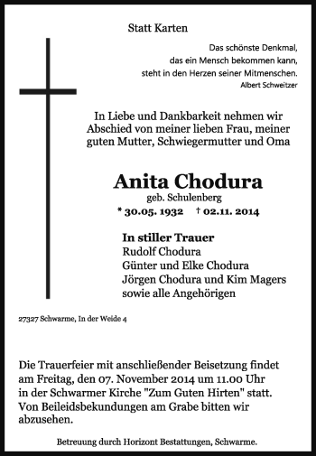 Traueranzeige von Anita Chodura von KRZ