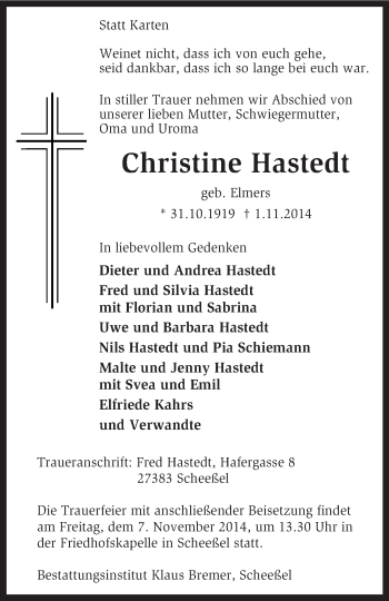 Traueranzeige von Christine Hastedt von KRZ