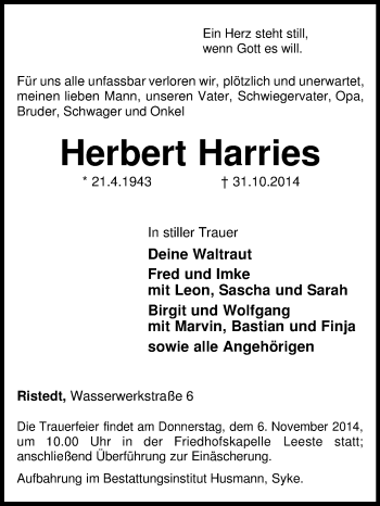 Traueranzeige von Herbert Harries von KRZ