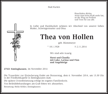 Traueranzeige von Thea von Hollen von KRZ