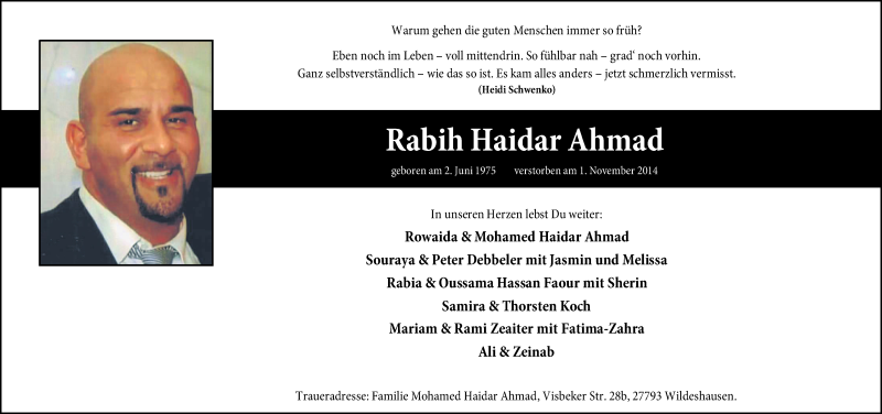  Traueranzeige für Rabih Haidar Ahmad vom 04.11.2014 aus KRZ