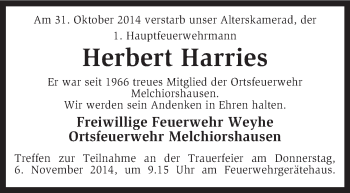 Traueranzeige von Herbert Harries von KRZ