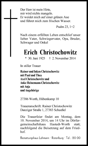 Traueranzeige von Erich Christochowitz von KRZ