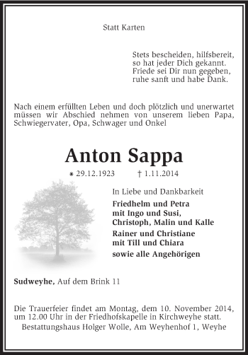 Traueranzeige von Anton Sappa von KRZ