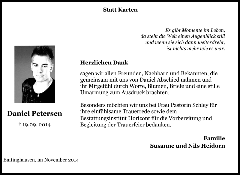  Traueranzeige für Daniel Petersen vom 08.11.2014 aus KRZ