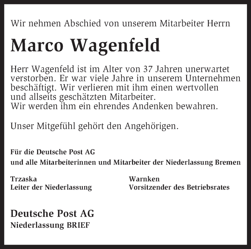  Traueranzeige für Marco Wagenfeld vom 08.11.2014 aus KRZ