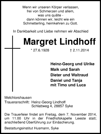 Traueranzeige von Margret Lindhoff von KRZ