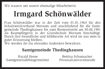 Traueranzeige von Irmgard Schönwälder von KRZ