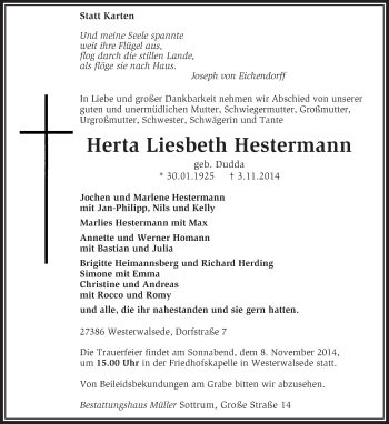 Traueranzeige von Herta Liesbeth Hestermann von KRZ