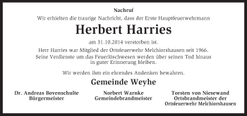 Traueranzeige von Herbert Harries von KRZ