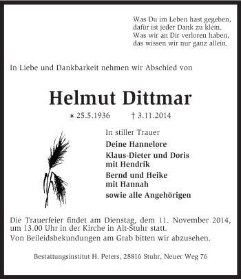 Traueranzeige von Helmut Dittmar von KRZ