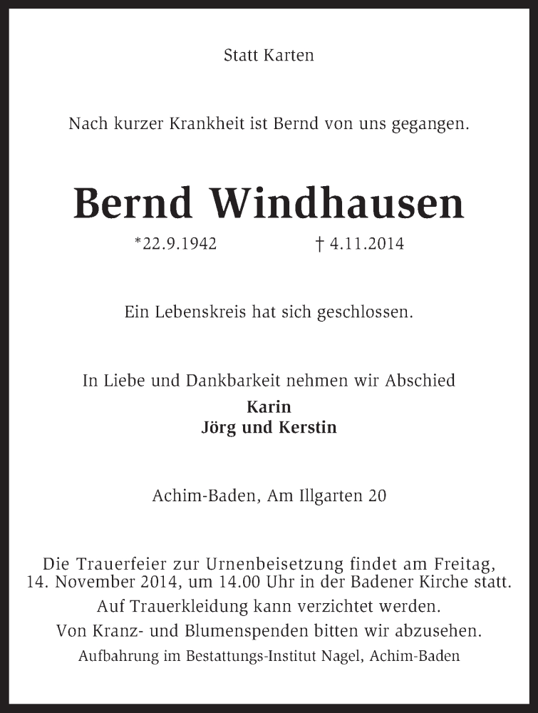  Traueranzeige für Bernd Windhausen vom 07.11.2014 aus KRZ