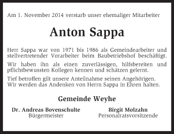 Traueranzeige von Anton Sappa von KRZ