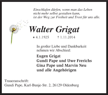 Traueranzeige von Walter Grigat von KRZ