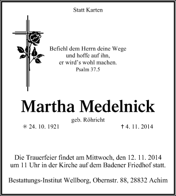 Traueranzeige von Martha Medelnick von KRZ