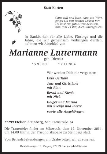 Traueranzeige von Marianne Luttermann von KRZ