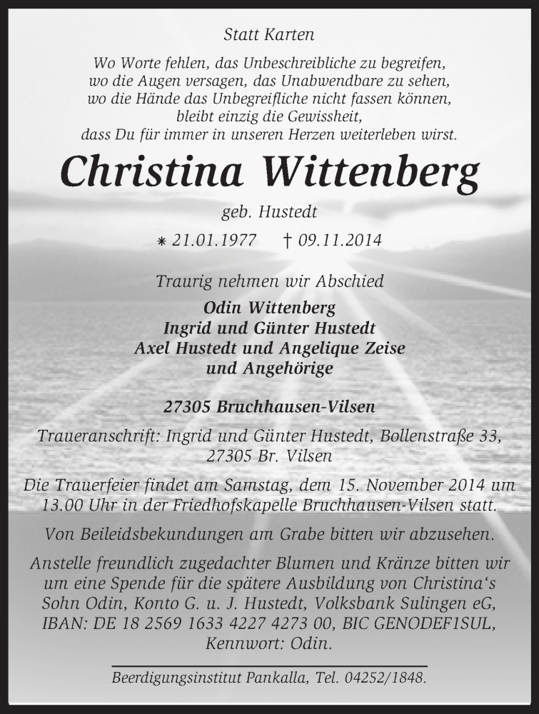  Traueranzeige für Christina Wittenberg vom 12.11.2014 aus KRZ