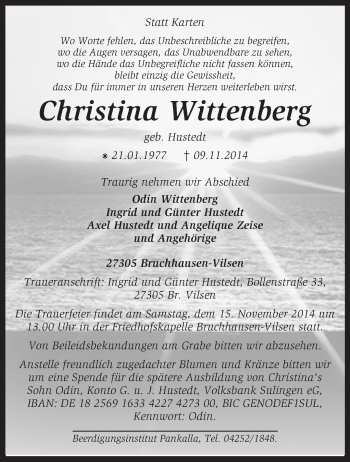 Traueranzeige von Christina Wittenberg von KRZ