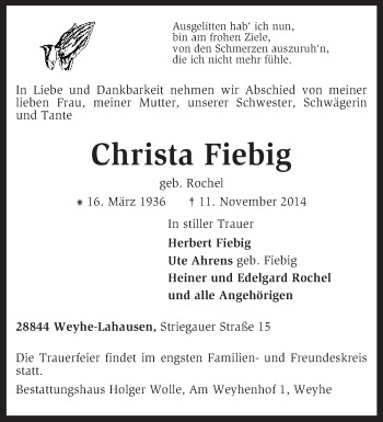 Traueranzeige von Christa Fiebig von KRZ