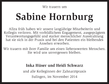 Traueranzeige von Sabine Hornburg von KRZ