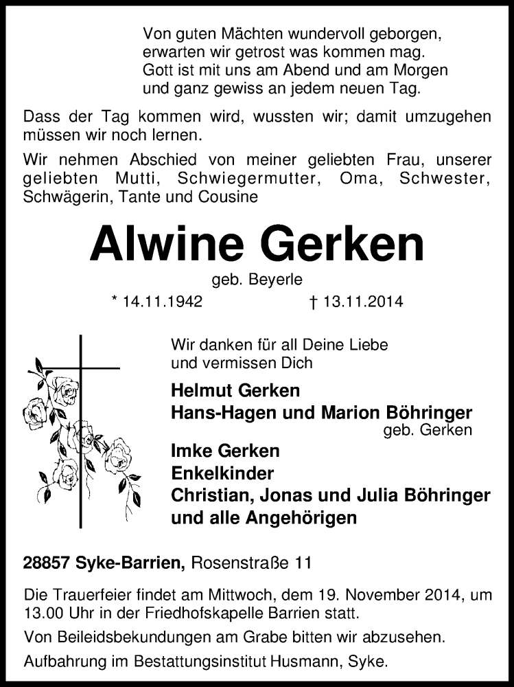  Traueranzeige für Alwine Gerken vom 15.11.2014 aus KRZ