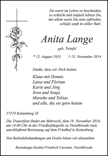 Traueranzeige von Anita Lange von KRZ