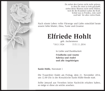 Traueranzeige von Elfriede Hohlt von KRZ