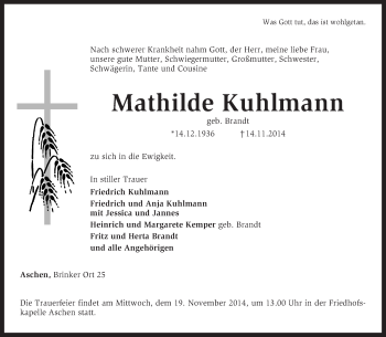 Traueranzeige von Mathilde Kuhlmann von KRZ