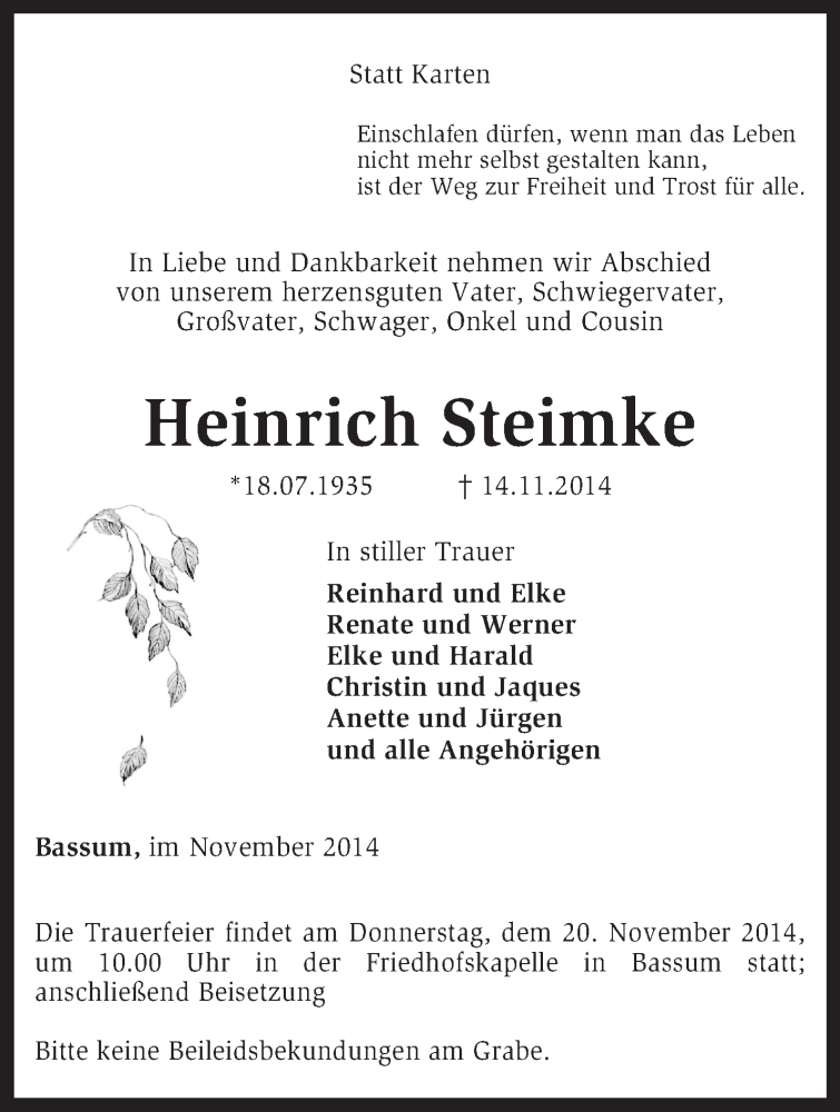  Traueranzeige für Heinrich Steimke vom 17.11.2014 aus KRZ