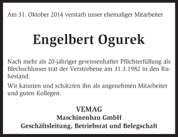 Traueranzeige von Engelbert Ogurek von KRZ