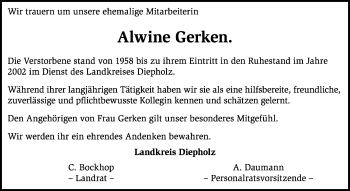 Traueranzeige von Alwine Gerken von KRZ