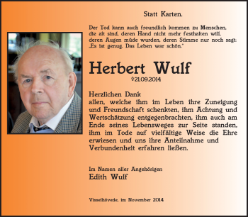 Traueranzeige von Herbert Wulf von KRZ