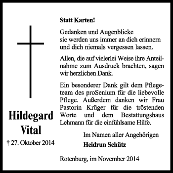 Traueranzeige von Hildegard Vital von KRZ
