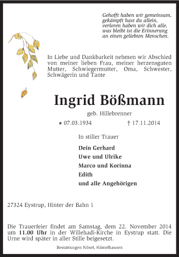 Traueranzeige von Ingrid Bößmann von KRZ