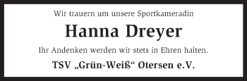 Traueranzeige von Hanna Dreyer von KRZ