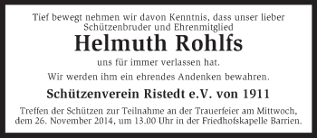 Traueranzeige von Helmuth Rohlfs von KRZ