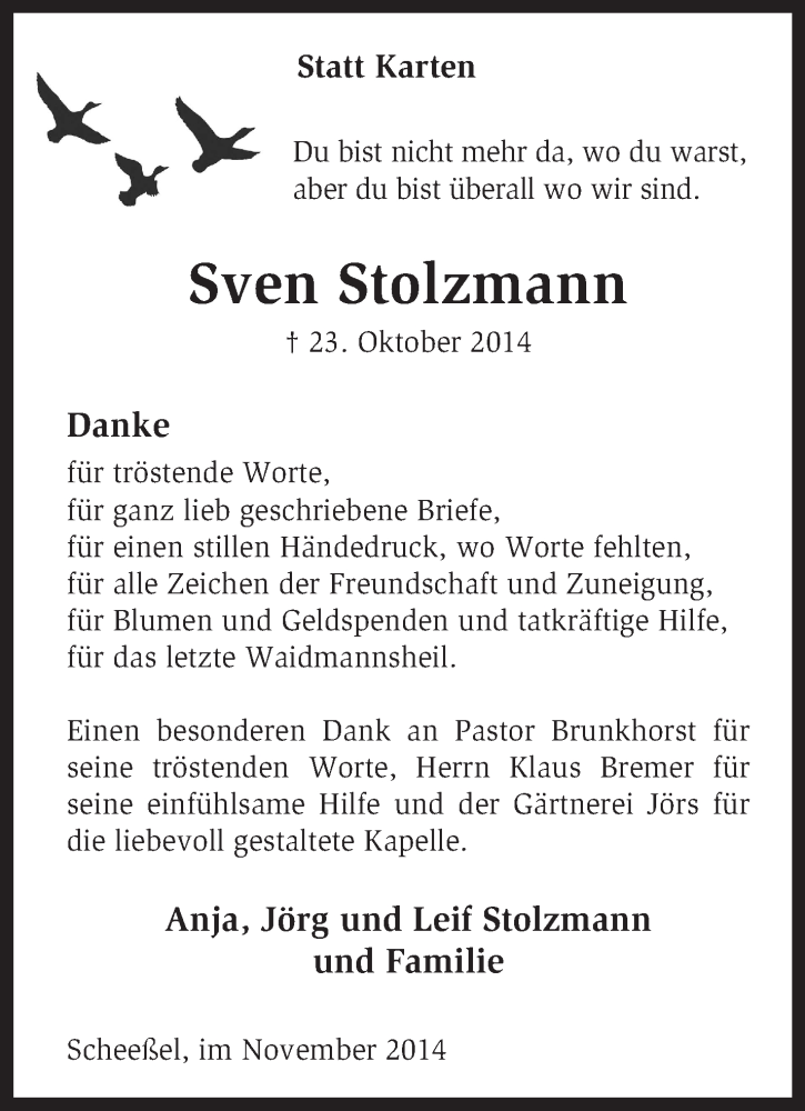  Traueranzeige für Sven Stolzmann vom 22.11.2014 aus KRZ