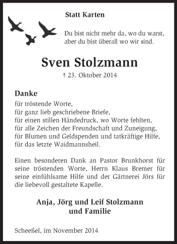 Traueranzeige von Sven Stolzmann von KRZ