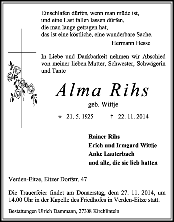 Traueranzeige von Alma Rihs von KRZ