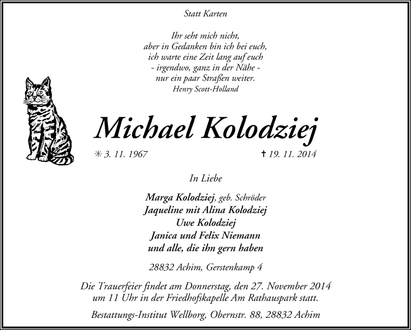  Traueranzeige für Michael Kolodziej vom 25.11.2014 aus KRZ