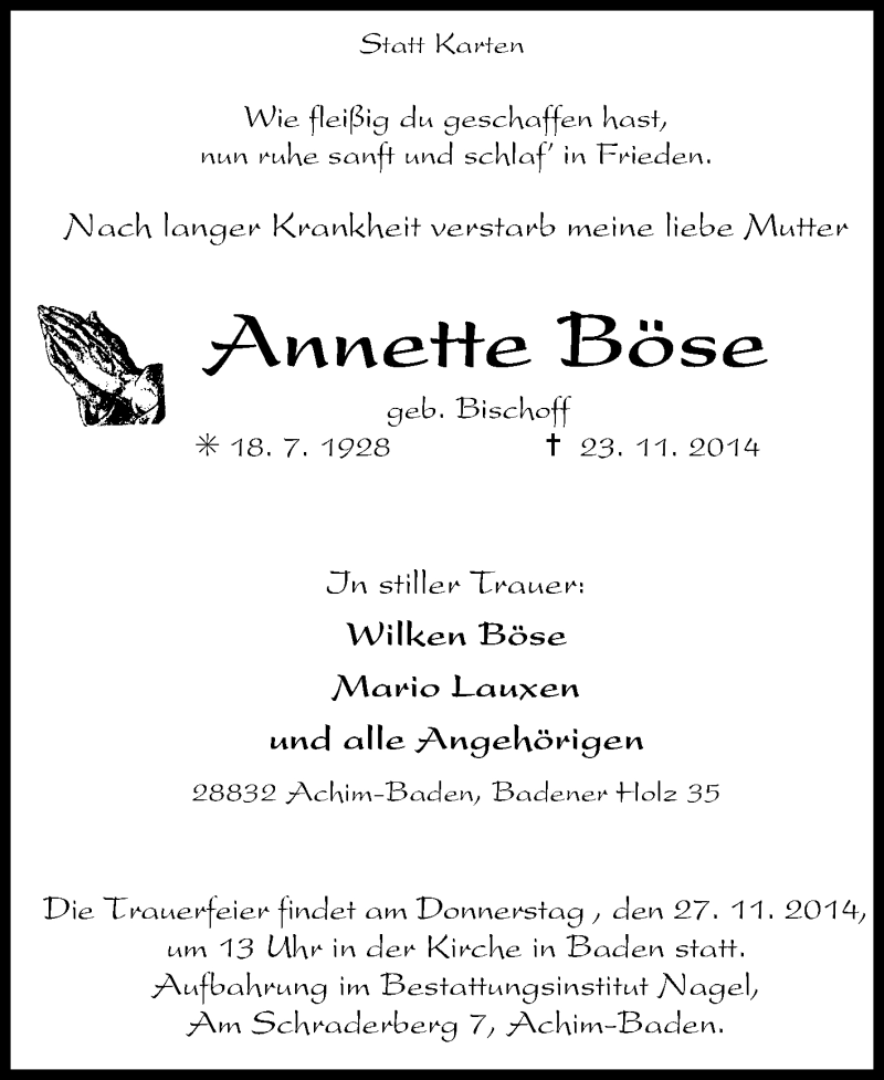  Traueranzeige für Annette Böse vom 25.11.2014 aus KRZ