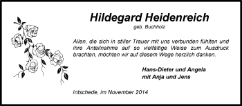 Traueranzeige von Hildegard Heidenreich von KRZ