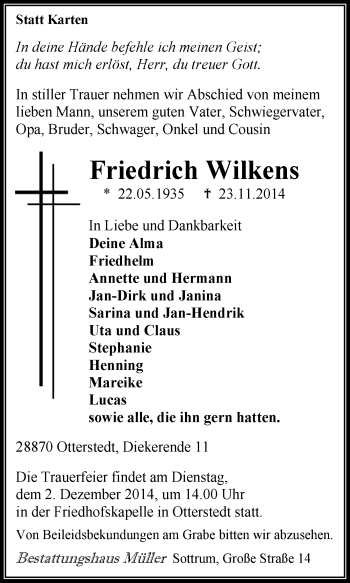 Traueranzeige von Friedrich Wilkens von KRZ