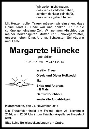 Traueranzeige von Margarete Hüneke von KRZ