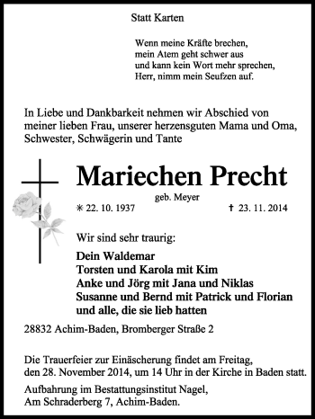 Traueranzeige von Mariechen Precht von KRZ