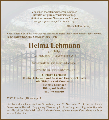 Traueranzeige von Helma Lehmann von KRZ