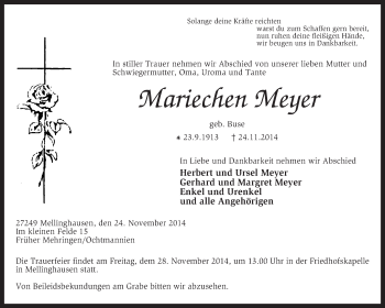 Traueranzeige von Marieden Meyer von KRZ