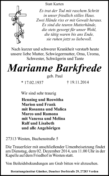 Traueranzeige von Marianne Barkfrede von KRZ