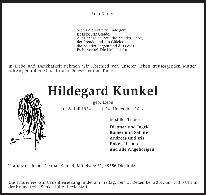  Traueranzeige für Hildegard Kunkel vom 26.11.2014 aus KRZ