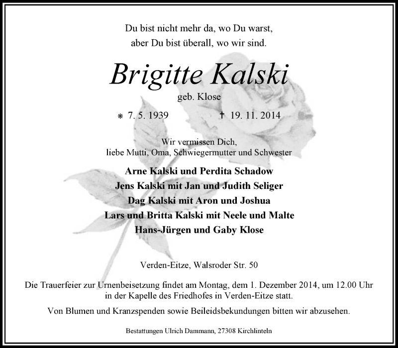  Traueranzeige für Brigitte Kalski vom 27.11.2014 aus KRZ